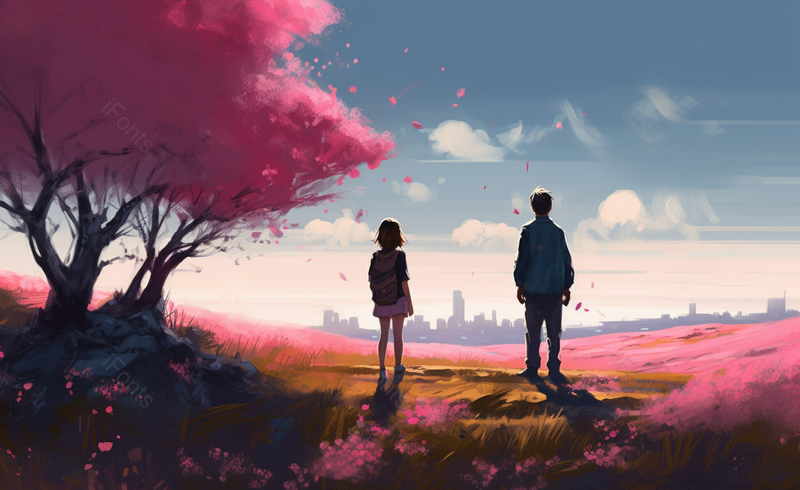 浪漫情侣文艺樱花节樱花树下的约定手绘插画眺望远方城,插画/手绘图,插画/手绘图库,插画/手绘图下载,插画/手绘